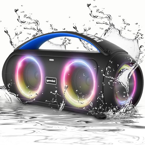 Gemini Portable Bluetooth Boombox Speaker with Deep Bass, LED Party Lights, FM Radio, USB, Mic Input & 7-Hour Battery - Rechargeable Wireless Speaker