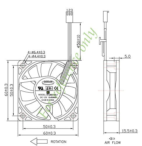 Everflow 60x15mm 12 volt 3 wire/ 3 pin fan with thermistor #R126015BUT