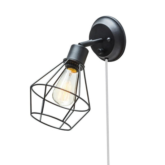 GLOBE Electric 65291 1-Light Plug-in or Hardwire Industrial Cage Wall Sconce, Matte Black Finish, On/Off Rotary Switch, 6ft Clear Cord, Wall Lights