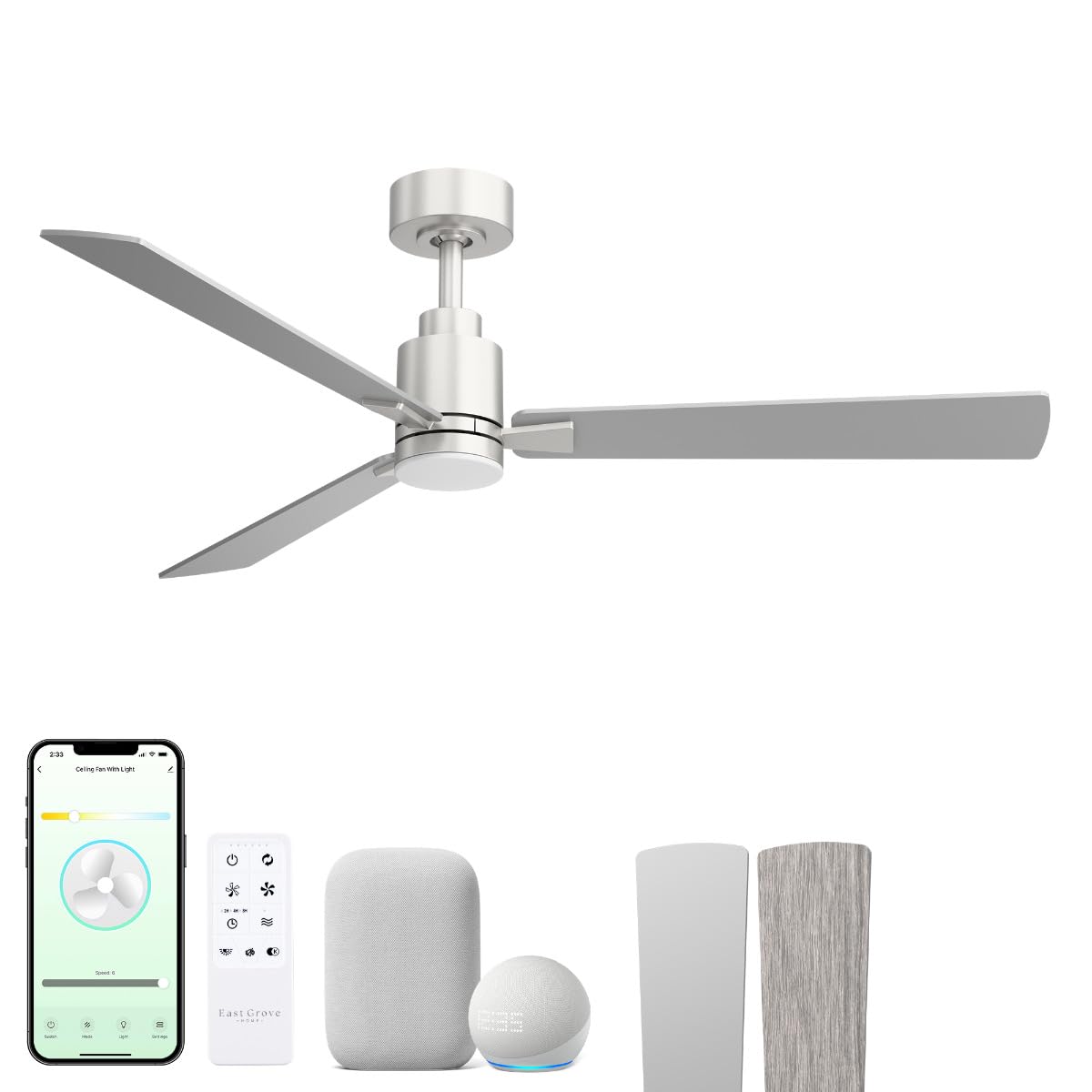 Slim 52in 3-Blade Smart Ceiling Fan 2700K-6000K CCT Tunable Range LED Light Kit with Remote Control and Brushed Nickel Hardware with Reversible