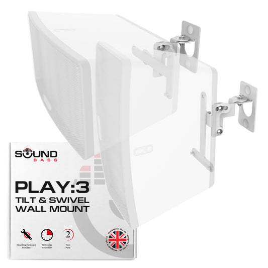 Sound Bass Play 3 Wall Mount White Pair, Compatible with Sonos Play:3 Only, Twin Pack, Adjustable Swivel & Tilt Mechanism, 2 Mounting Brackets