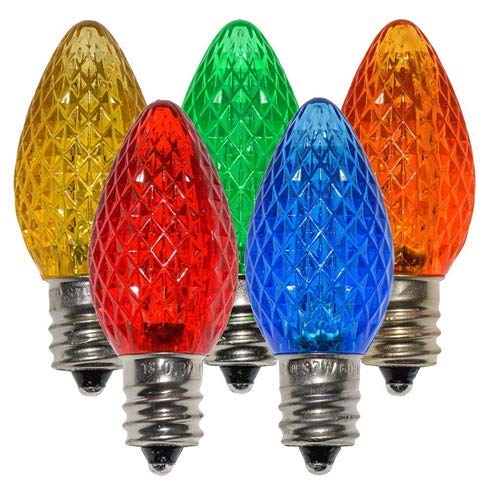 25 Pack C7 LED Replacement Christmas Light Bulbs Faceted LED Light Bulbs Commercial Grade E12 Candelabra Base Dimmable SMD LEDs Indoor and Outdoor Use