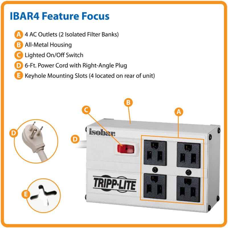Tripp Lite IBAR4-6D Premium Isobar 4-Outlet Surge Protector Power Strip, 6ft. Cord, Right Angle Plug, 3330 Joules, Metal Housing, Lifetime