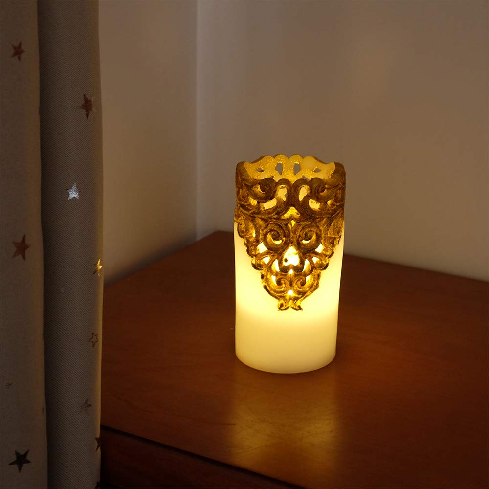 DRomance Hollow Gold Flameless Flickering Candles with 5H Timer, Battery Operated LED Pillar Candles Unscented Wax Warm Light Christmas Home