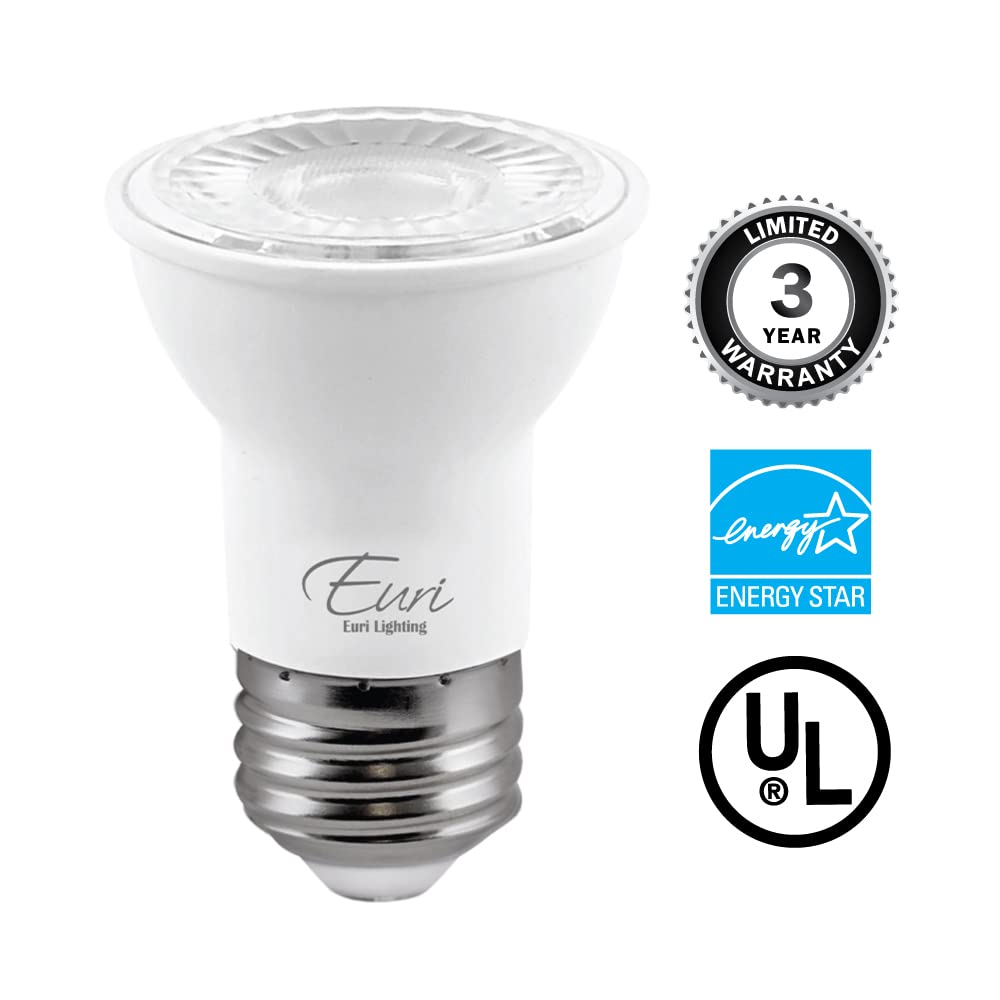 Euri Lighting EP16-7W4000ew Dimmable LED PAR16 E26 Base, 7W (50W Equal), Soft White (3000K), 500lm, 80CRI, 40° Beam Angle, Damp Rated UL, Energy Star