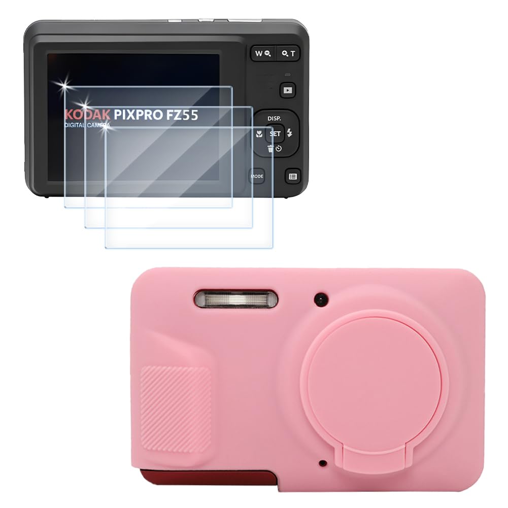 Screen Protector (3+1Pack) Compatible for Kodak PIXPRO FZ55 Digital Camera,Tempered Glass Film Anti-Scratch High Definition and Soft Silicone Case