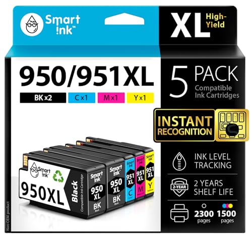 Smart Ink Compatible Ink Cartridges Replacement for HP 950XL 951XL 950 XL 951 XL 5 Pack Combo (2 Black & 1 Cyan 1 Magenta 1 Yellow) for HP Printer