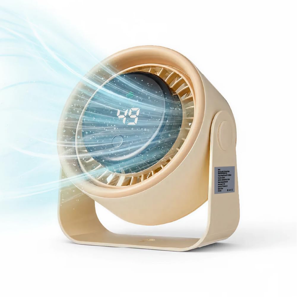 MAVI Small Desk Fan, Rechargeable Quiet Mini Personal Fan with LED Digital Display, Portable Wall-Mount & Cordless Design, 3 Speeds, Long Battery