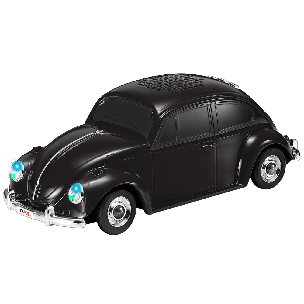QFX Bluetooth 1960 Bug Retro Car Replica Speaker, 3-inch Speakers, Hands Free Link, Built-in Microphone, FM Radio and LED Party Lights, Black