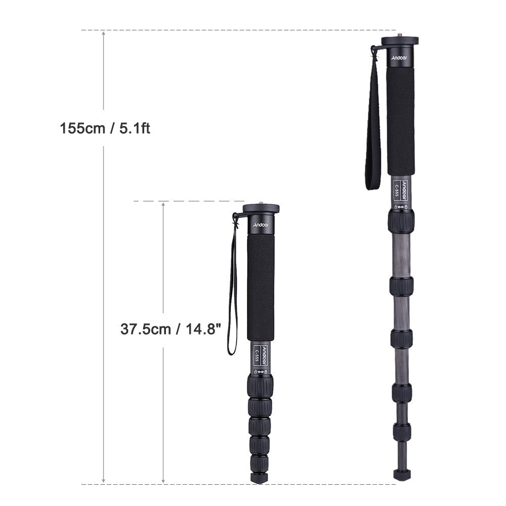 Andoer C-555 155cm/5.1ft Carbon Fiber Camera Monopod Unipod Stick 6-Section with Carry Bag Max. Load 10kg/22Lbs for Nikon Canon Sony A7 Pentax