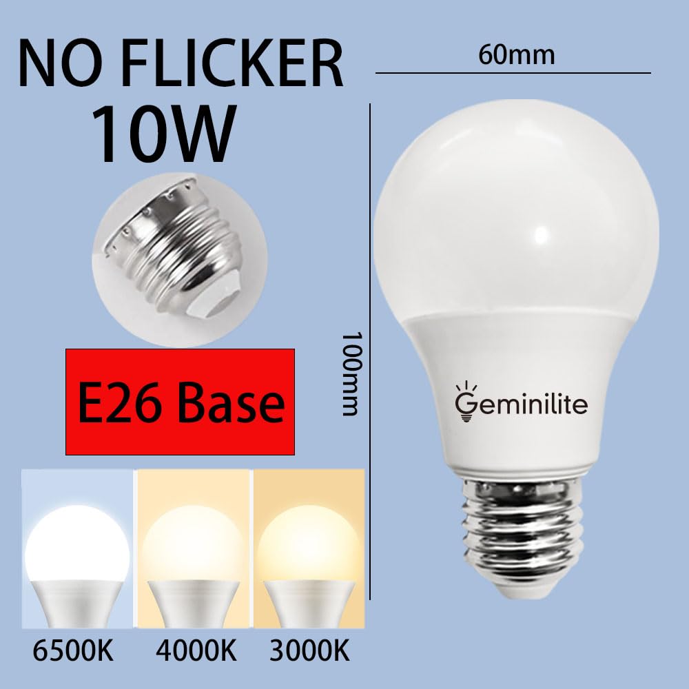 Geminilite A19 LED Light Bulbs 6500K Daylight White 6 Pack