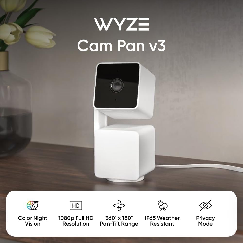 WYZE Cam Pan v3, Indoor/Outdoor IP65-Rated 1080p Pan/Tilt/Zoom Wi-Fi Smart Home Security Camera with Color Night Vision, 2-Way Audio, Compatible