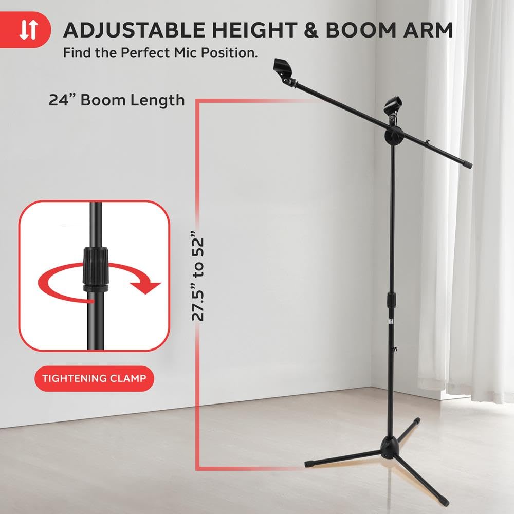 Pyle Universal Adjustable Tripod Microphone Stand - Pair of Heavy Duty Lightweight Professional Compact Extendable Stage Studio Floor Standing Boom