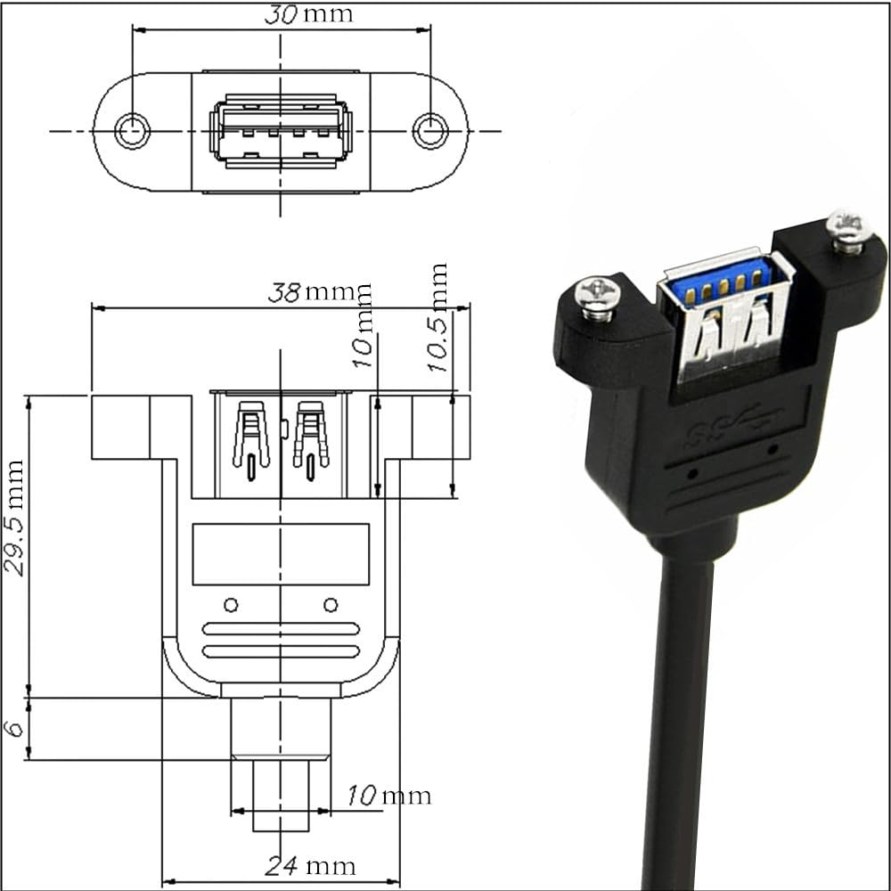 Panel- Mount USB 3.0 Extension Cable, Haokiang 1 ft/30cm 90 Degree Right Angle USB 3.0 Type A Male to Type A Female with Screw Hole Panel Mount