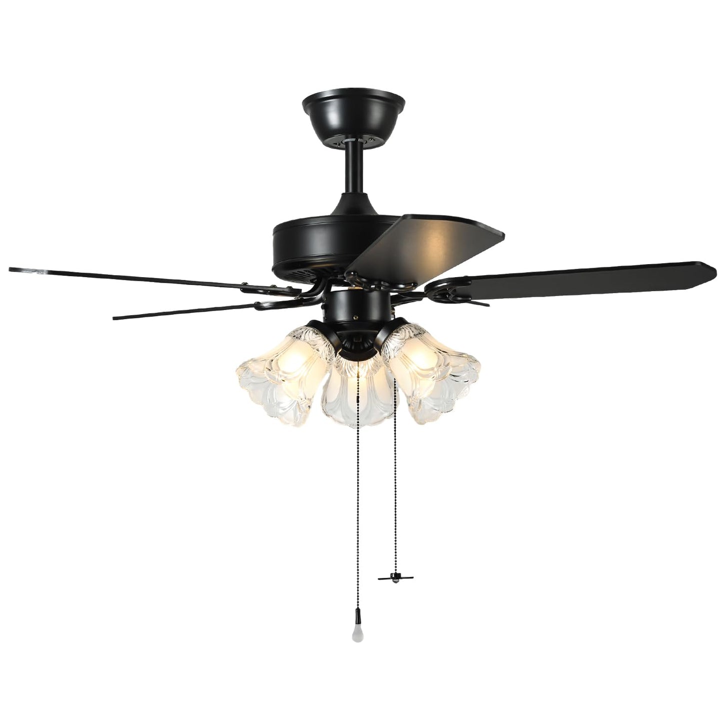 TWLITE 42 Inch Indoor Ceiling Fan with Pull-Chain and Three LED Light Bulbs Base, Traditional 3-Speeds Reversible Blades Ceiling Fan (Black)