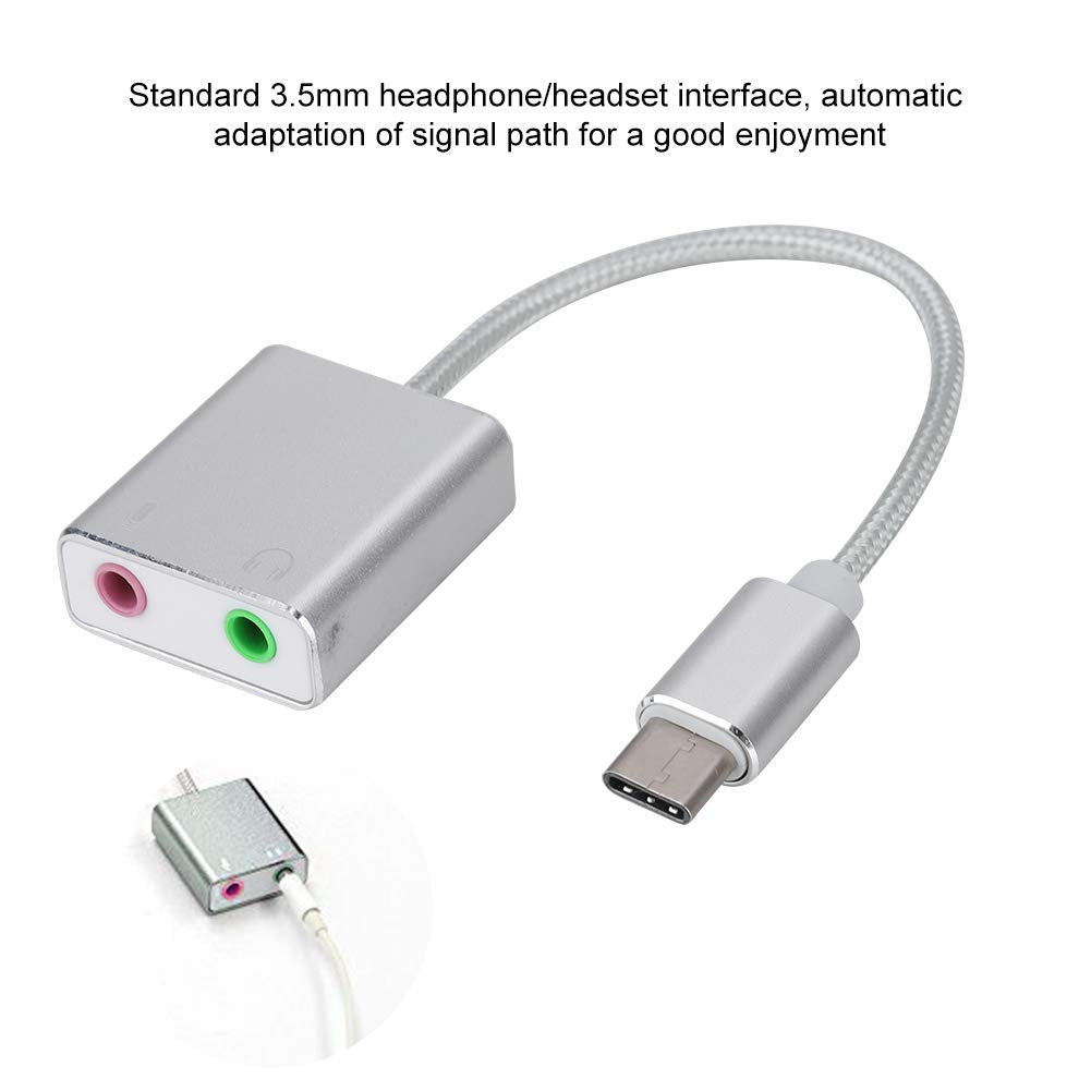 External Sound Card, Aluminum Alloy Type C Stereo Audio Adapter, 3.5mm for Mobile Phone Computer Live Broadcast