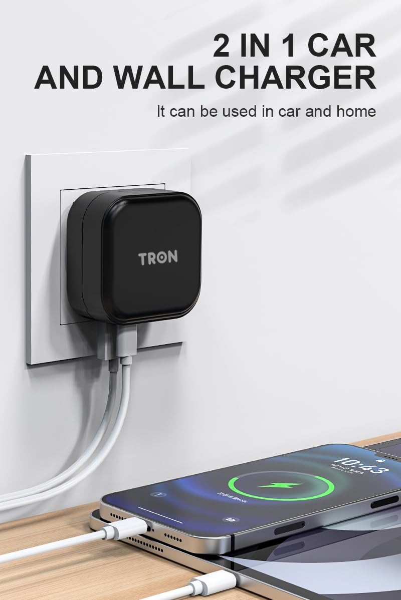 TRON Wall & Car Charger Travel Charging Station, 36W Dual USB-C & USB-A Fast Charger, Foldable for iPhone, iPad, Android, Earbuds - TR17