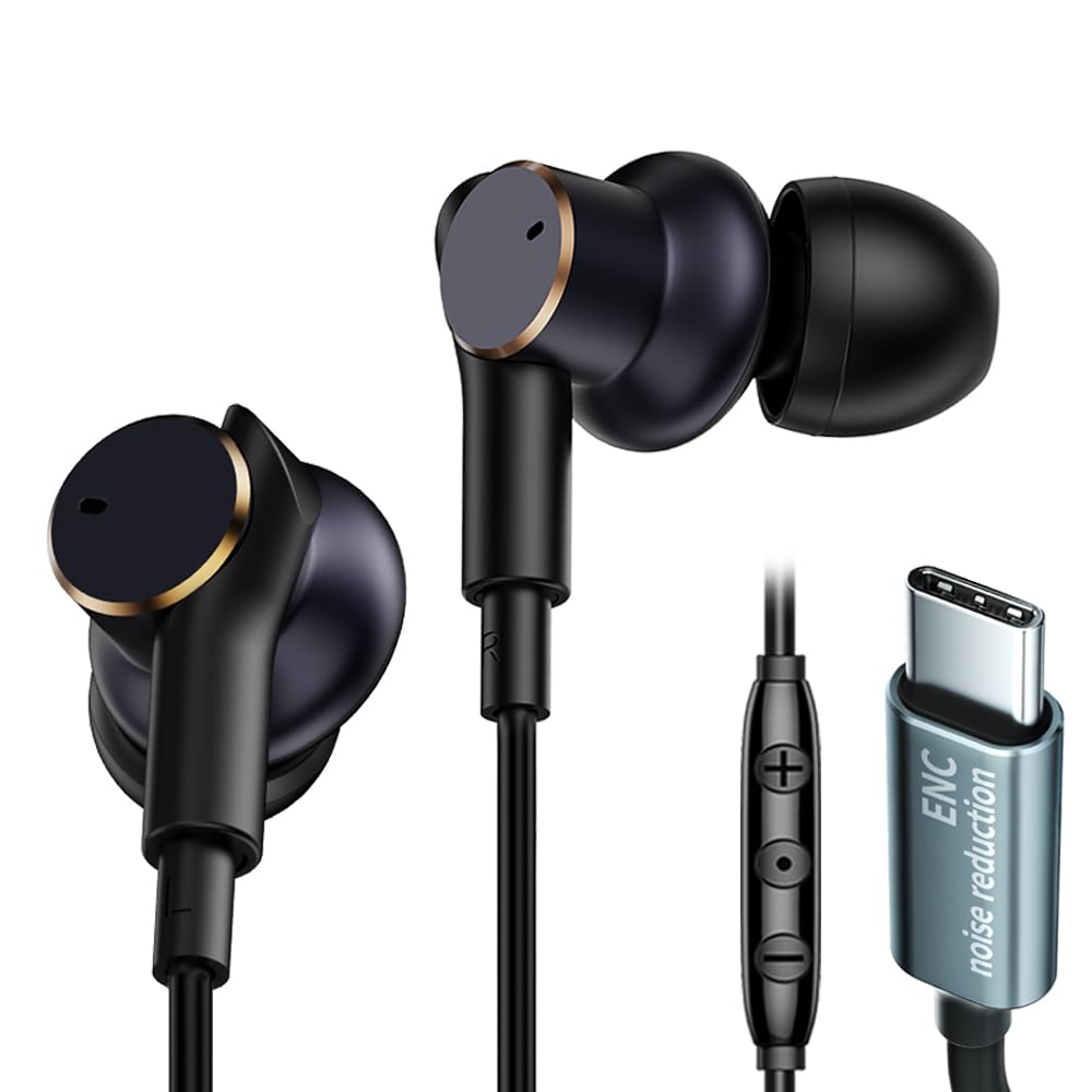 USB C Wired Headphones with Noise-Canceling Mic,Dual-Driver Noise-Isolating Wired Earbuds with Call Noise Reduction,Type C Plug Deep Bass In ear…