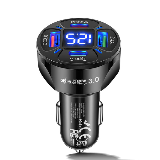Alanph Multi Port USB C Car Phone Charger Adapter with Voltmeter, 4 in 1 100W Fast Charging Cigarette Lighter USB Charge for iPhone 16 15 14 13 12 11