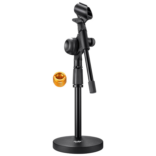 Moukey Mic Stand Desk Adjustable Tabletop Microphone Stand with Non-Slip Mic Clip, Short Table Mic Stand with Gear Fixing, Boom Arm, 3/8" and 5/8"