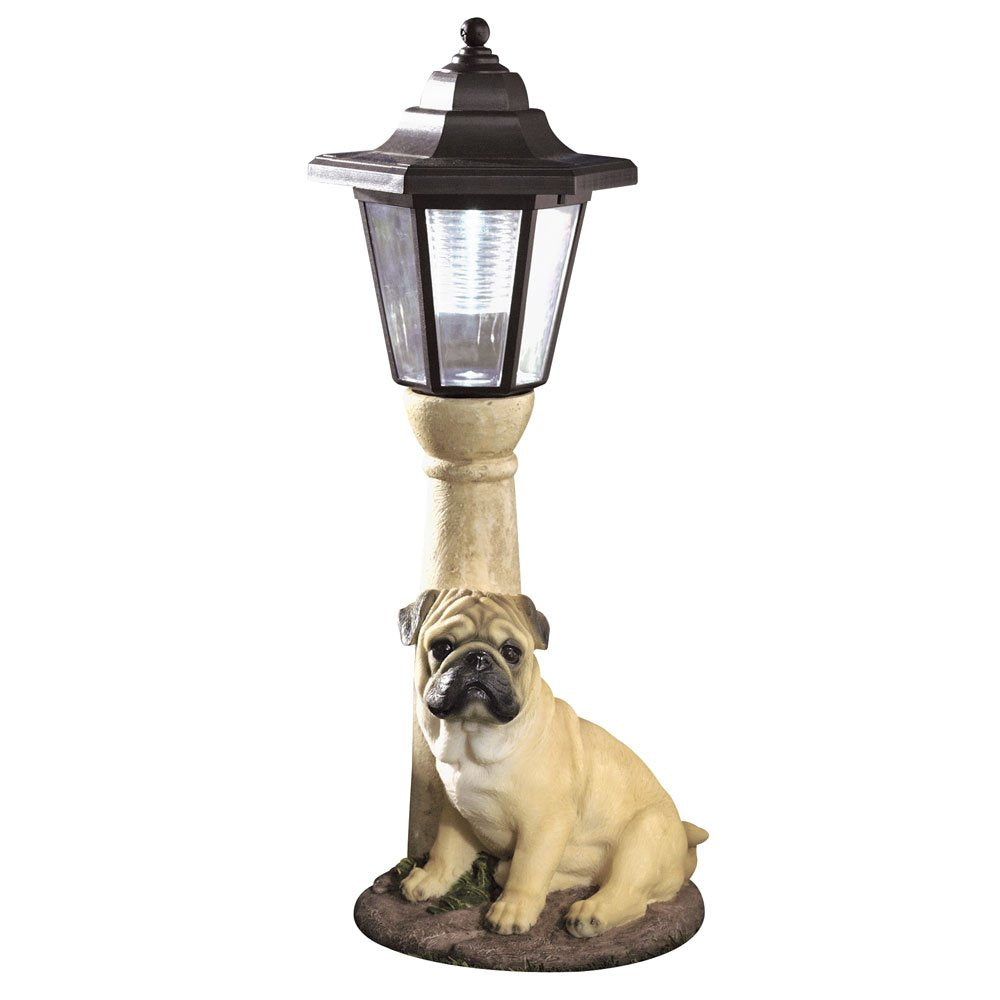 Bits and Pieces - Solar Dog Lantern-Solar Powered Garden Lantern - Resin Dog Sculpture with LED Light (Fawn Pug) - 13.5" Tall