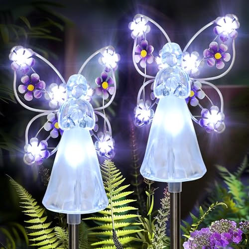 GIGALUMI Solar Angel Garden Stake Lights - 2 Pack Angel Solar Lights Outdoor Garden, Eternal Light Angel with 7 LEDs for Cemetery Grave Decorations