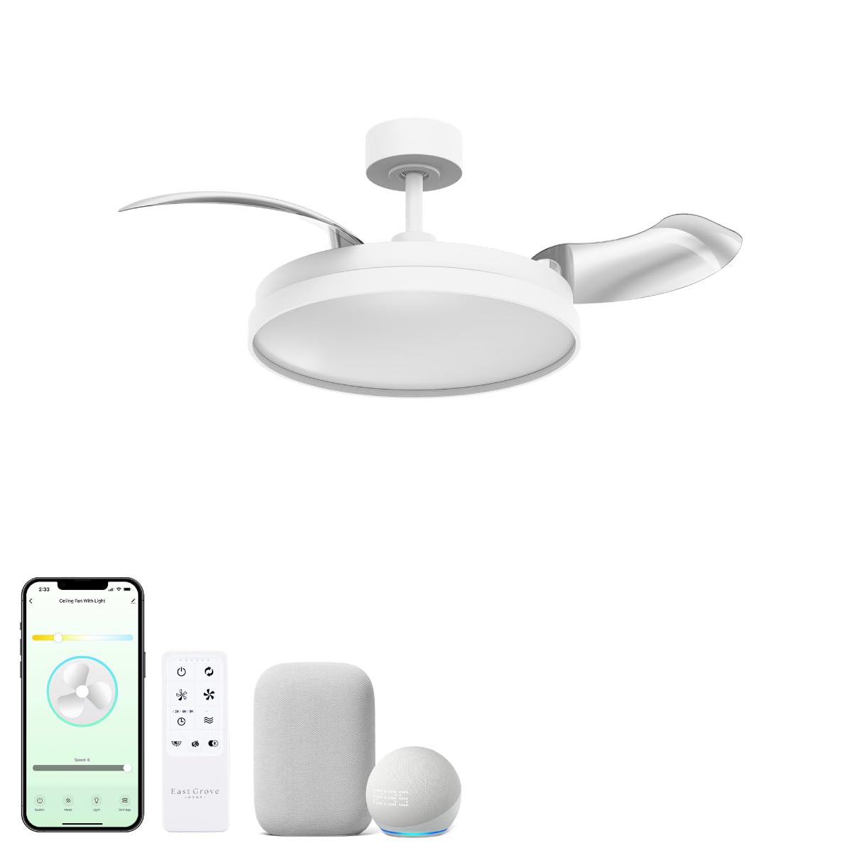 East Grove Home Loft 41in 3-Blade Smart Fandelier Semi-Flush Mount with 2700K-6000K LED Light Kit and Remote Control in White Works with iOS or