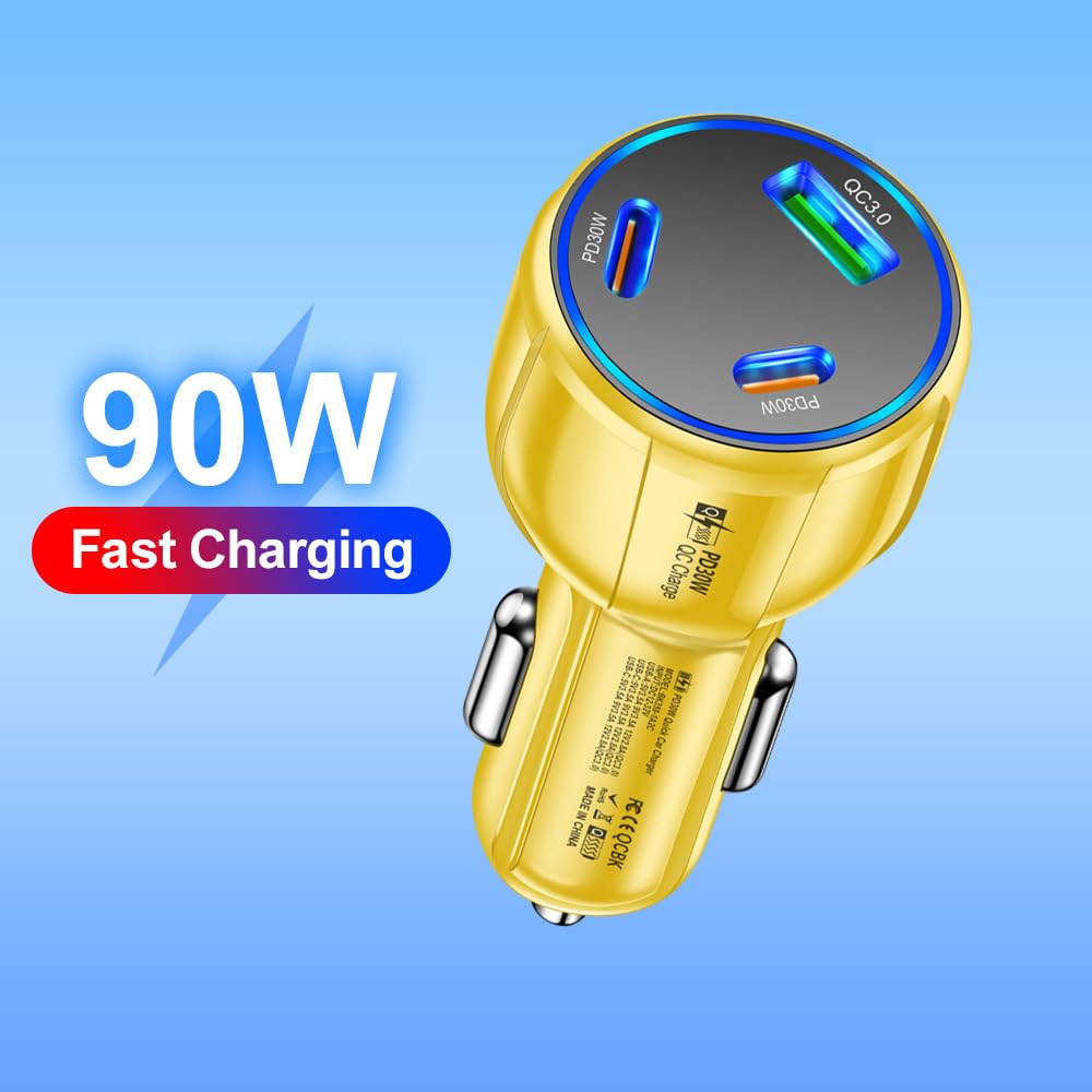 3-Port 90W USB C Car Charger, PD30W & QC3.0 Fast Car Charger Cigarette Lighter Plug Adapter for iPhone/Android/Samsung/iPad (Yellow)