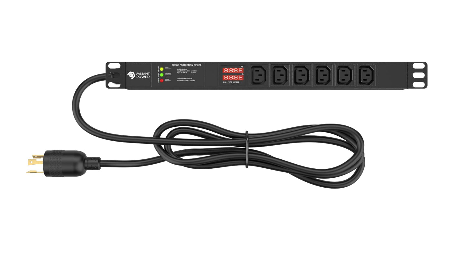 Valiant Power Rack Mount Power Strip - 240V 30A Single Phase PDU with Built-in Surge Protector, Volt & Amp Meter for Data Center - 19” Metal Housing