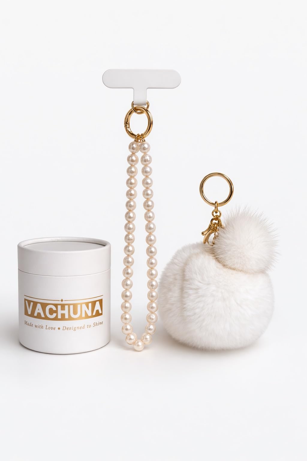 VACHUNA Luxury Cute Fur Pom Pom Bag Charm & Pearl Phone Strap Set - Real Rabbit & Mink Fur, Freshwater Pearls, Wrist Strap, Gift Box, Gift for Women