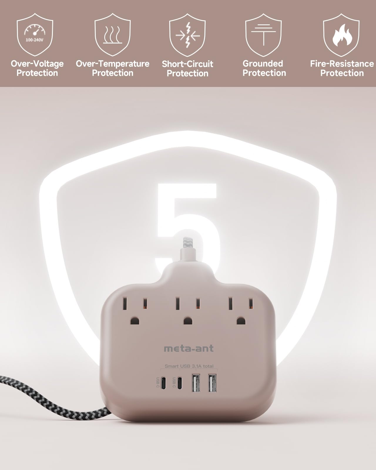 Brown Extension Cord with USB C - 5 FT Flat Braided Extension Cord with 3 Outlets & 4 USB Ports (2 USB-C), 1625W Tan Cord for Brown Tan Wood Walnut