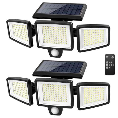 Tuffenough Solar Outdoor Lights 2500LM 210 LED Security Lights with Remote Control,3 Heads Motion Sensor Lights, IP65 Waterproof,270° Wide Angle Flood