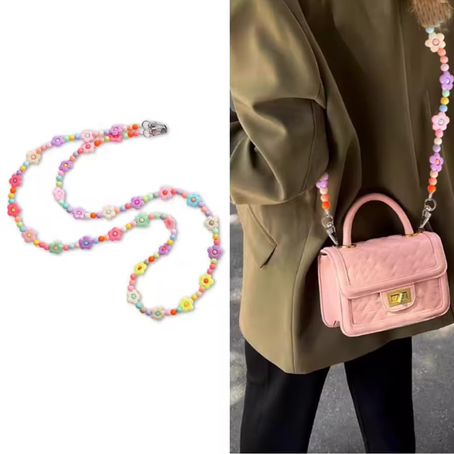 ARFUKA Colorful Flower Acrylic Bead Phone Lanyard Crossbody Anti-Theft Phone Chain Strap, Fits All Phone Cases, Stylish Daily Phone Accessory