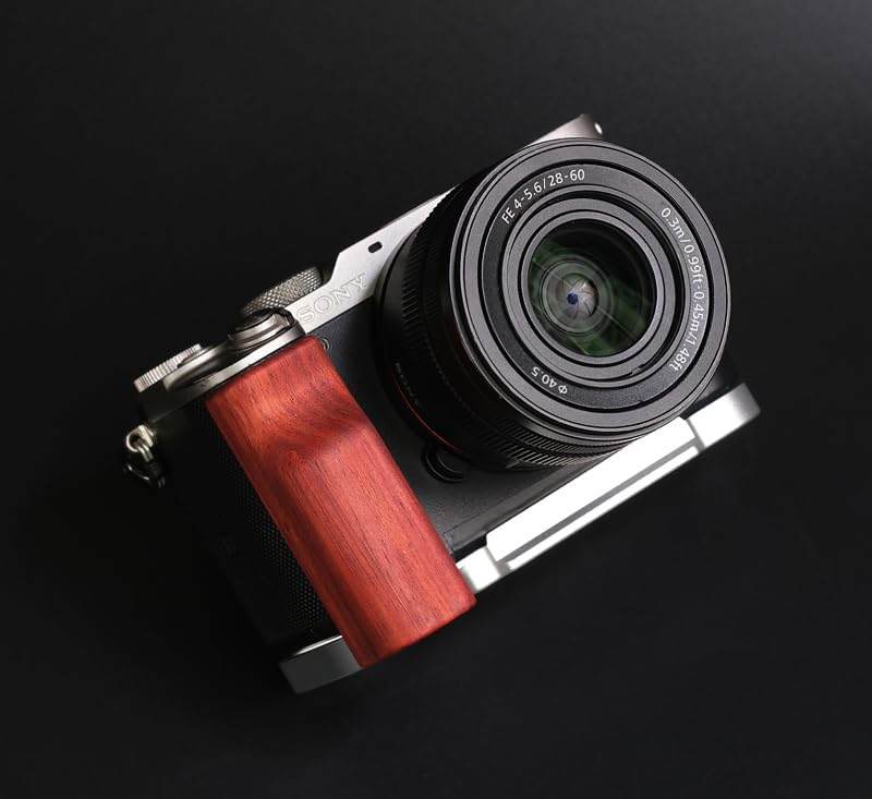 QR L Handle Hand Grip Wood Handle + Alloy Baseplate for Sony A7C Camera Holder (Rosewood + Sliver Alloy Baseplate)