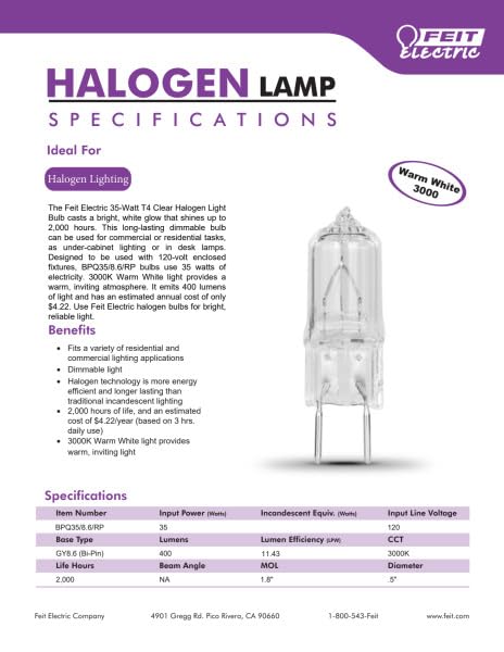 Feit Electric BPQ35/8.6 35-Watt T4 JCD Halogen Bulb with Bi-Pin Base, Clear, 3000K (Warm White), 1.8" H x 0.5" W (BPQ35/8.6/RP)