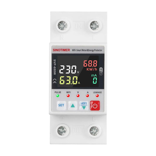 Colorful LED SVP688W WiFi Smart Energy Meter AC 63A 80-300V WiFi Earth Leakage Over Under Voltage Protector Circuit Breaker Din Rail Electricity