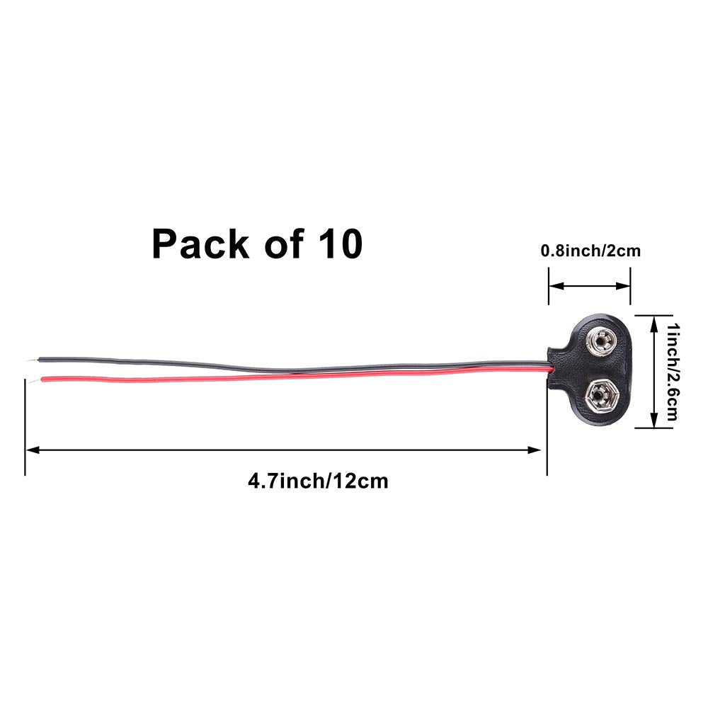 10 Pack 9V Battery Clip Connector, T Type Faux Leather Long Cable Housing Connection