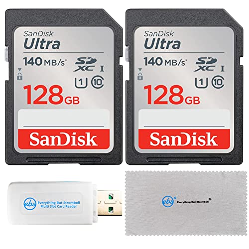 SanDisk 128GB SD Ultra Memory Card (Two Pack) Works with Canon EOS Rebel T7, Rebel T6, 77D Camera (SDSDUNB-128G-GN6IN) Bundle with Everything But