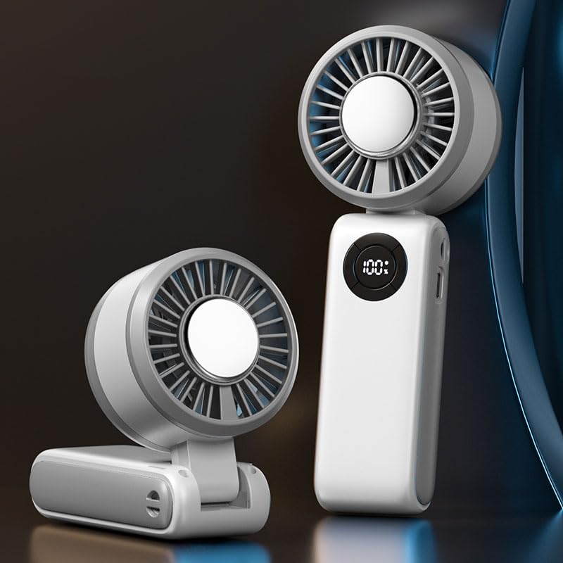 Portable Handheld Fan, 3 IN 1 Rechargeable Personal Fan with 5 Speed Wind, 4000mAh Battery, Digital Display, 90° Foldable Rapid Cooling Small Fan Desk