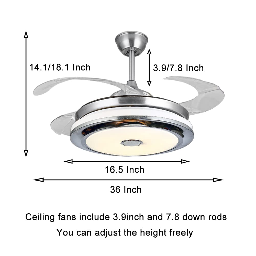 LUOLAX 36inch Modern Ceiling Fan with Lights and Bluetooth Speaker, Retractable Ceiling Chandeliers Fan with Remote Invisible Fandelier for Living