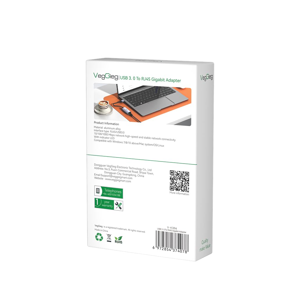 VegGieg - V-K308 - USB C to Ethernet Adapter - USB C to Gigabit Ethernet Adapter - Aluminum Portable USB C RJ45 Internet Adapter (V-K308)