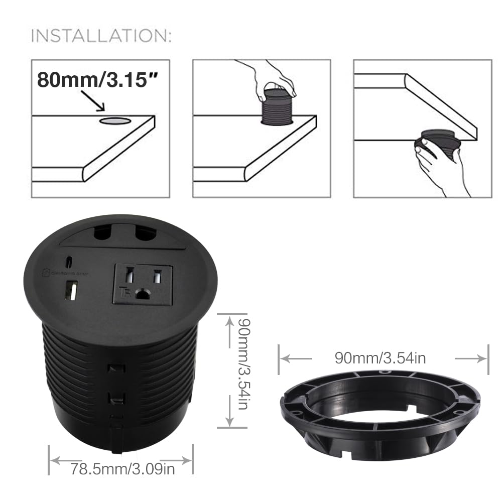 Desktop Power Grommet with 33W USB-A+C Fast Charge & AC Outlet | 4.5FT Cord Recessed Power Outlet for Conference Rooms, Office Tables, Furniture