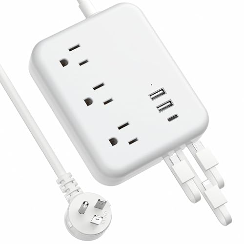 Travel Power Strip with USB Ports, 3 Built-in Cables, Flat Plug Extension Cord, 3 Outlets 6 USB with 5 FT Flat Extension Cord, Compact for Hotel