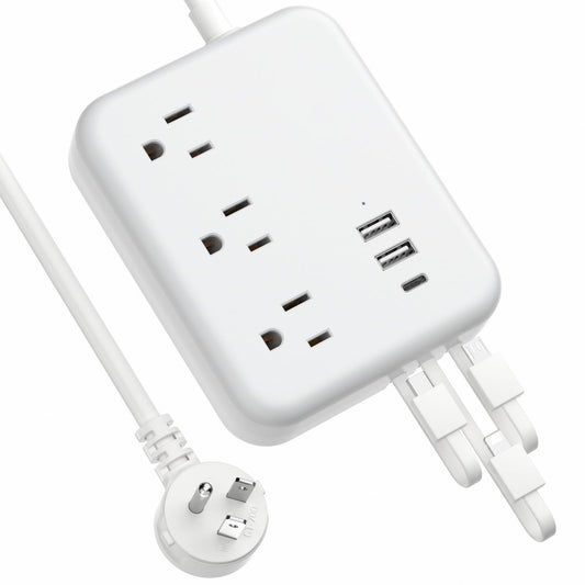 Travel Power Strip with USB Ports, 3 Built-in Cables, Flat Plug Extension Cord, 3 Outlets 6 USB with 5 FT Flat Extension Cord, Compact for Hotel