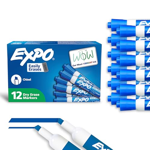 EXPO Dry Erase Markers, Low Odor Ink, Blue, Chisel Tip, 12 Count - Whiteboard, Calendar, Organization, Essential Supplies for Office, School