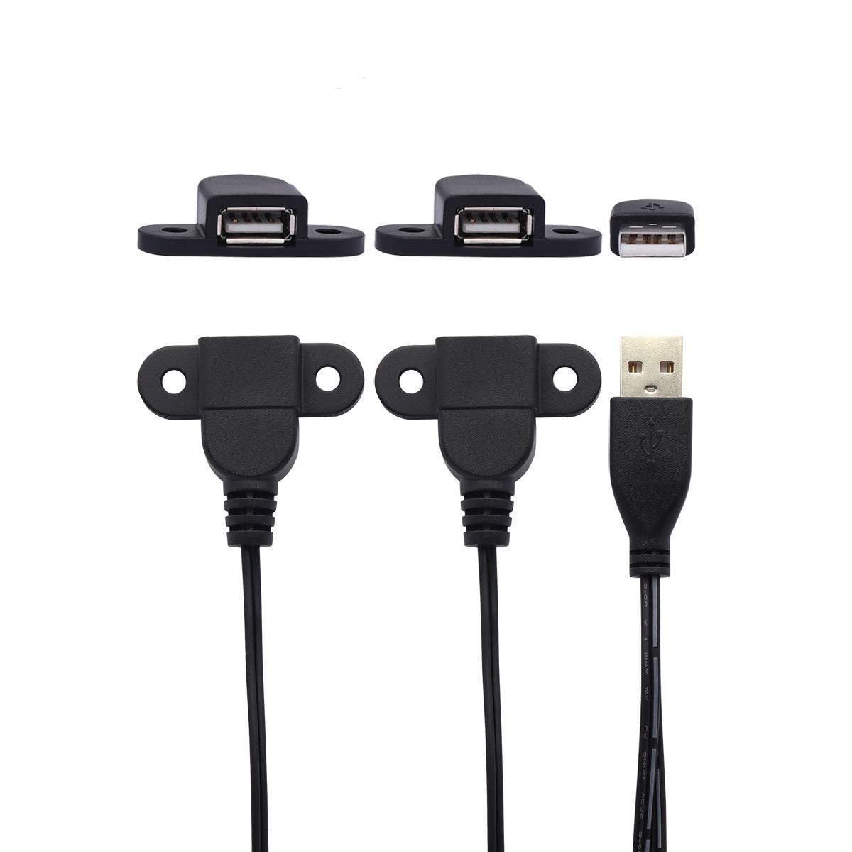 USB 2.0 Male to Dual Female Charging Extension Cable, Furniture nightstand Sofa Electric Vehicle on-Board Charging Port, Panel Mount Cable with Screw