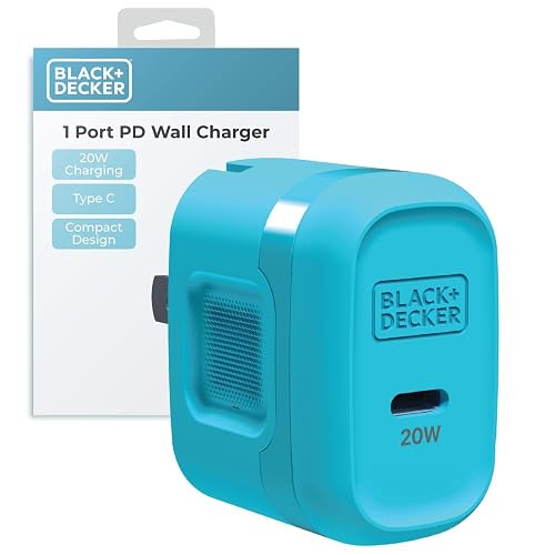 BLACK+DECKER GaN PD Wall Charger, 1-Port 20W Type C Wall Plug, Compact Power Block USB C Type-C Fast Charging for iPhone 17/16/15 USBC Charging Block