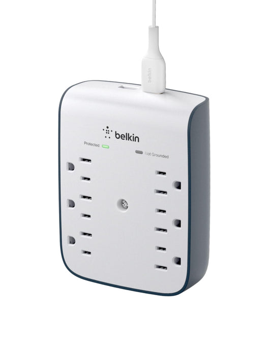 Belkin 6-Outlet Wall Surge Protector w/ 2 USB-A Ports, Wall-Mountable Surge Protector for Home, Office, Travel, Computer Desktop, Laptop, Phone