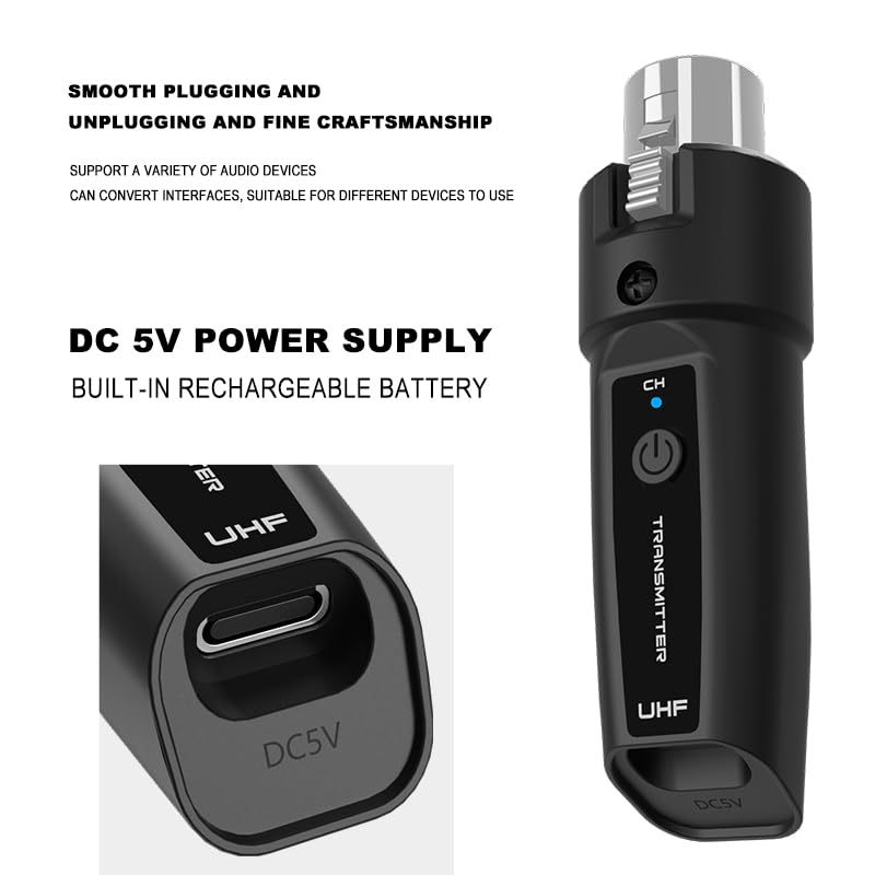 TAVOSOP Upgrade 2.4GHZ Wireless XLR Transmitter and Receiver, Built-in Rechargeable Lithium Battery for Dynamic Microphone,Audio Mixer,Electric Guitar