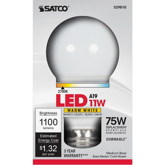 Satco 75W Equivalent Warm White A19 Medium Dimmable LED Light Bulb - 1 Each